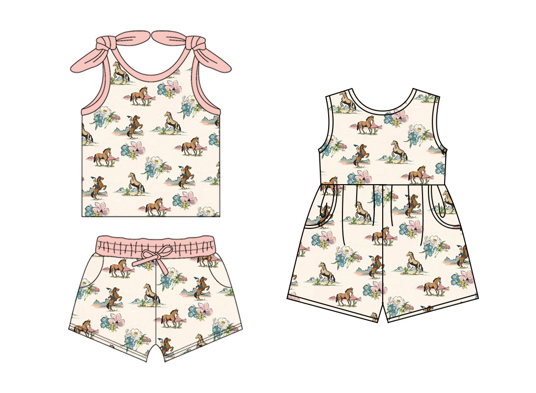 1.18 custom each style moq 5eta 4-6week Sibling Sister riding horse baby girls short sleeve shorts sets and jumpsuit match design