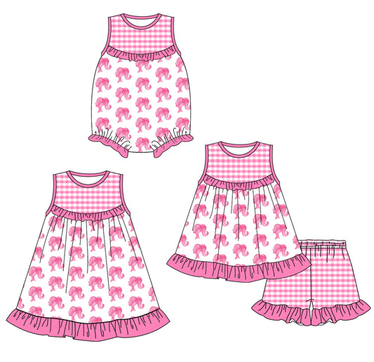 1.25 custom each style moq 5eta 4-6week Sibling Sisters barbie baby girl short sleeve shorts sets and dress and rompers match family design