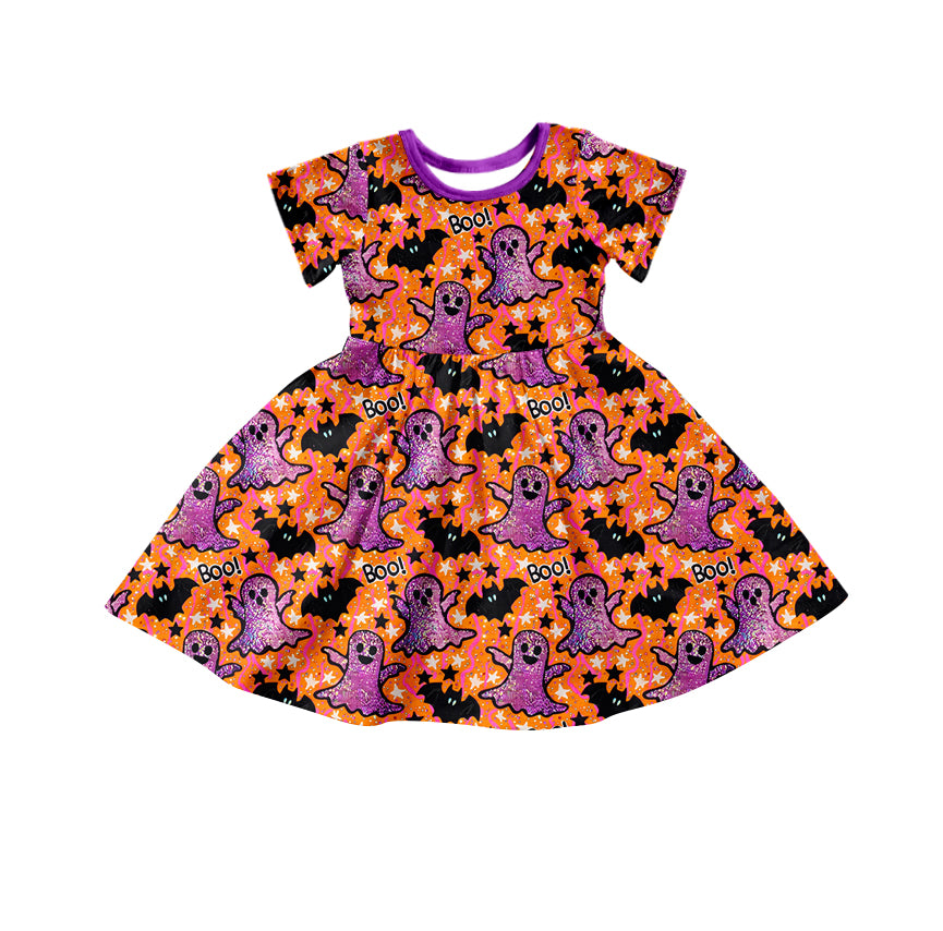 5.7custom each style moq 5eta 4-5week Sibling Sister Halloween ghost prints purple and orange girls and boys outfits and baby romper  match family design