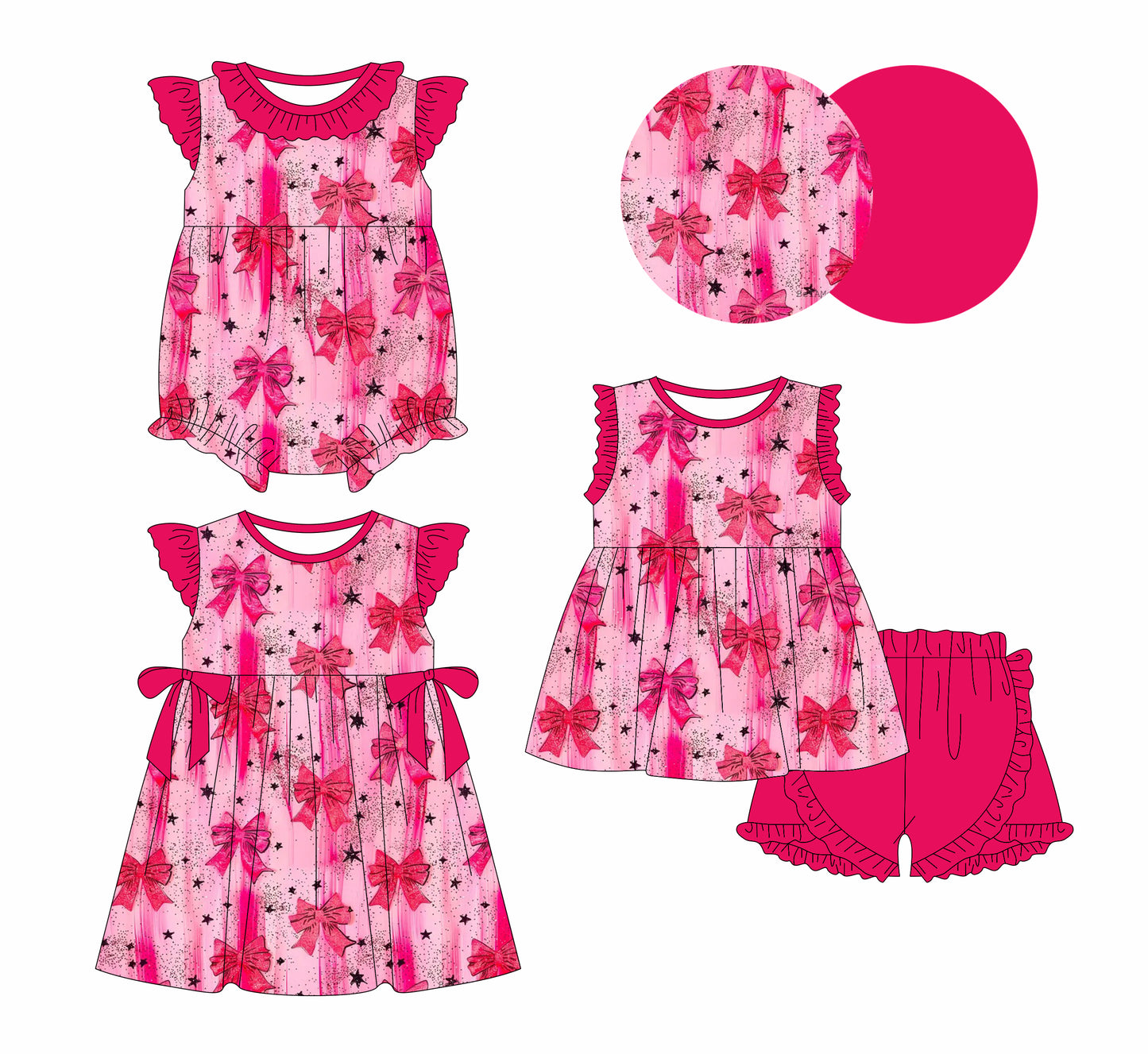 1.3 custom each style moq 5eta 4-6week Sibling Sistes bow baby girl short sleeve shorts sets and dress and rompers match family design