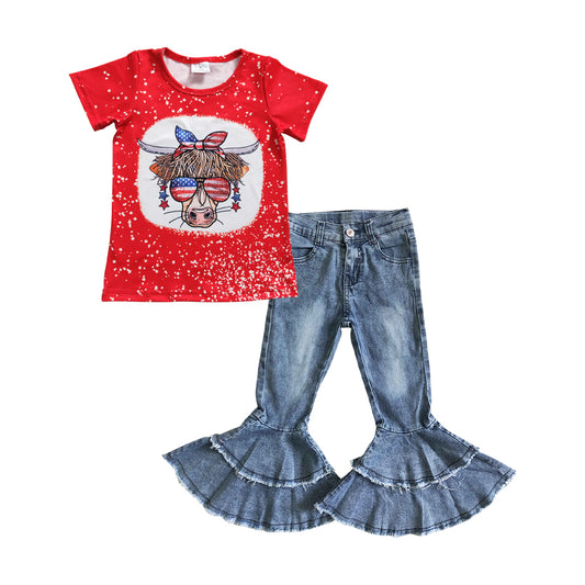 GT0114 Girls National Day Cow Sunglasses Red Short Sleeve Top+C5-15 Light bleached double denim flared pants