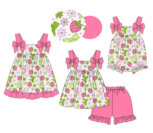 26.1.2 custom each style moq 5 eta 6-8week Sibling Sister strawberry bow baby short sleeve shorts sets and romper and dress match design
