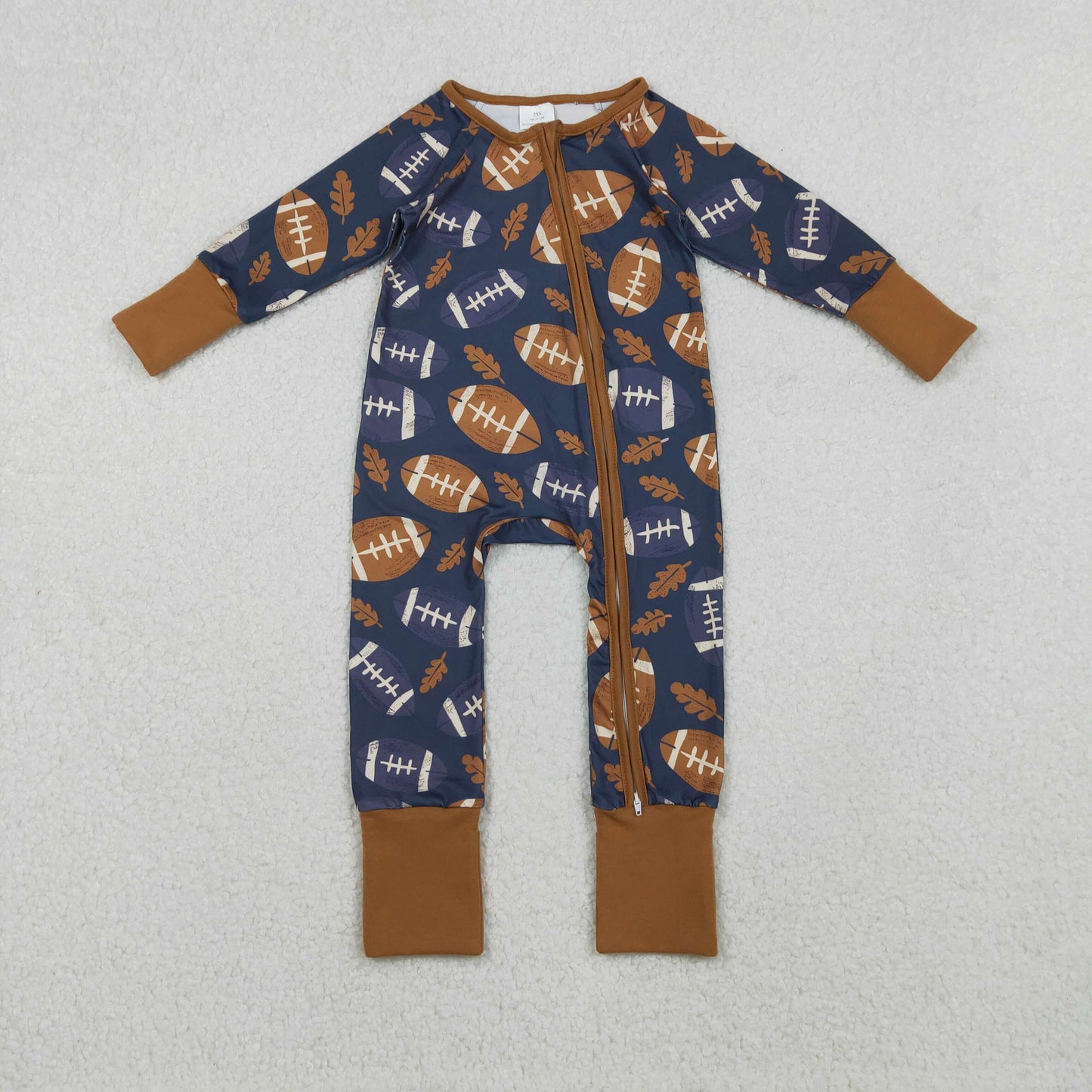 RTS NO MOQ（In Stock) LR2543 Rugby leaf brown and blue zippered long-sleeved bodysuit