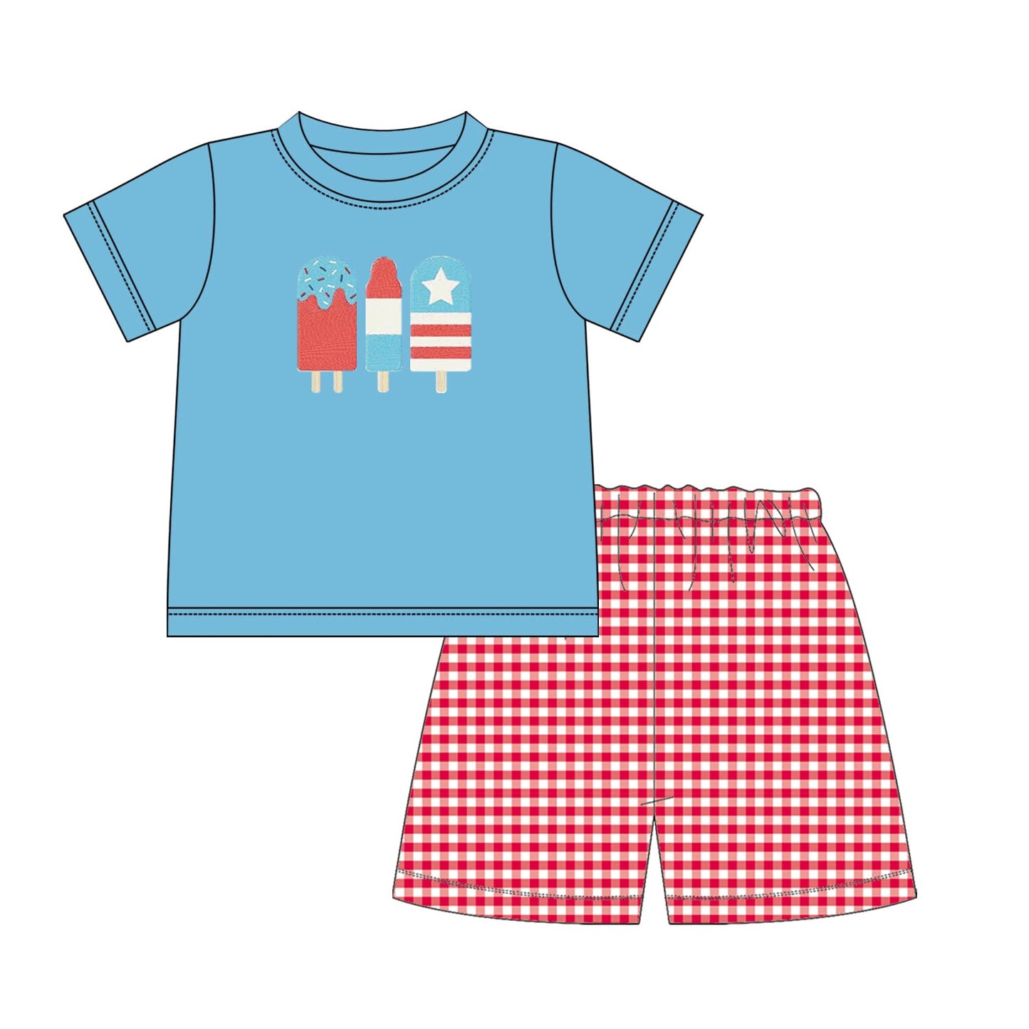 custom moq 5 eta 5-6 weeks baby boys clothesice cream blue short sleeve red grid shorts summer outfit