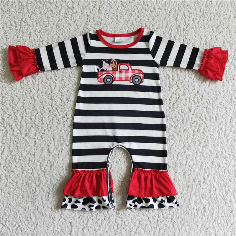 RTS NO MOQ（In Stock) LR0015 Baby Girl clothes long sleeve bodysuit with embroidered cow tractor