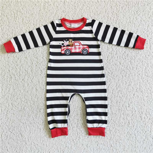 RTS NO MOQ（In Stock) LR0016 Baby boy clothes long-sleeved bodysuit with embroidered tractor cow