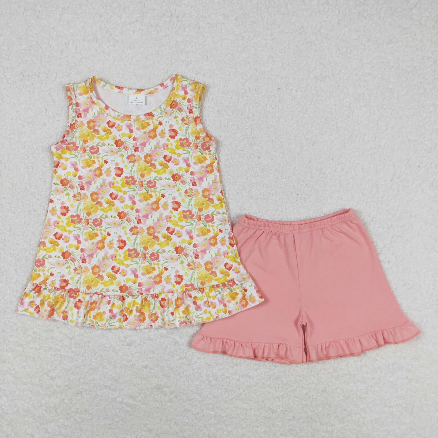 rts no moq GSSO1135 Yellow-orange floral sleeveless pink shorts suit