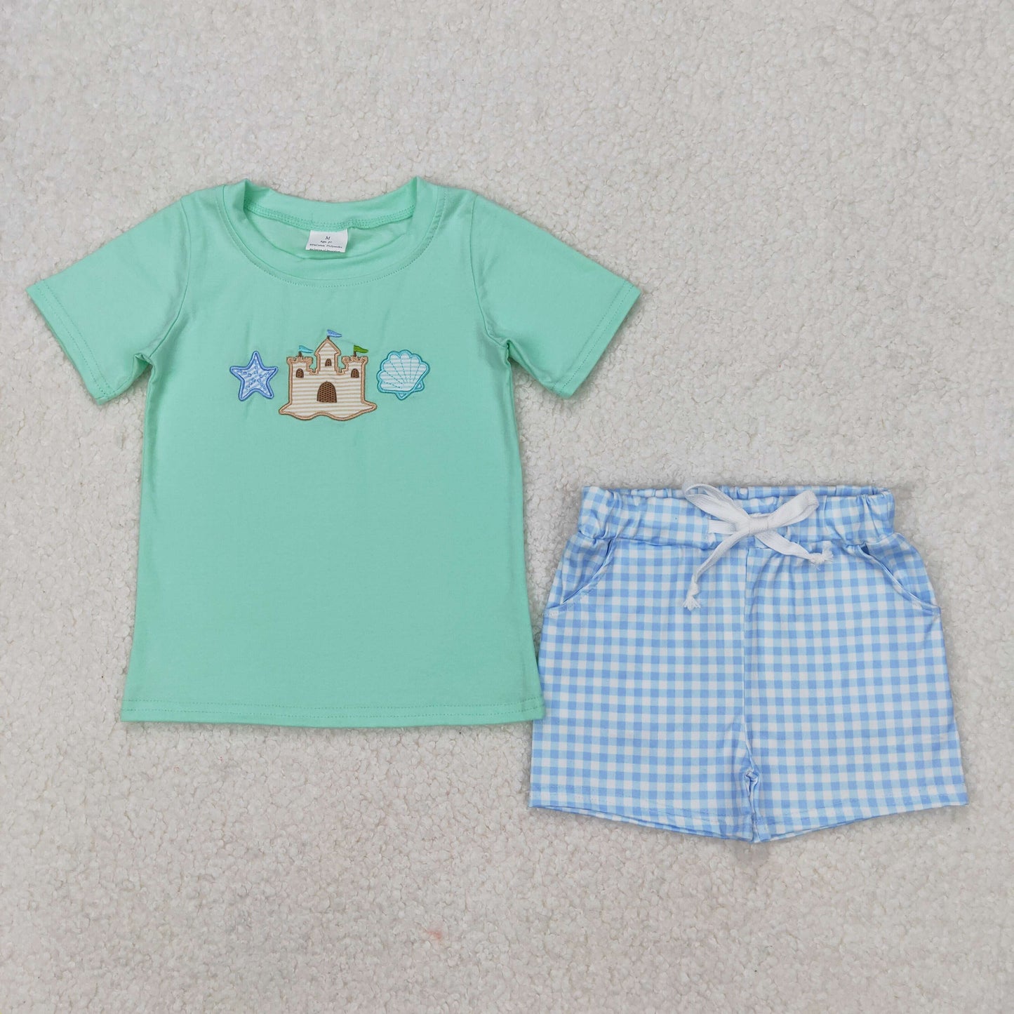 RTS NO MOQ ETA 5/7days Arrived BSSO1266 Embroidered starfish castle shell blue short-sleeved plaid shorts set