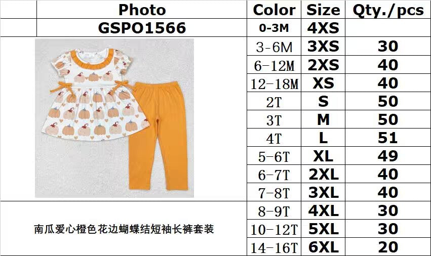 RTS NO MOQ GSPO1566 Pumpkin love heart orange lace bow short-sleeved trousers set