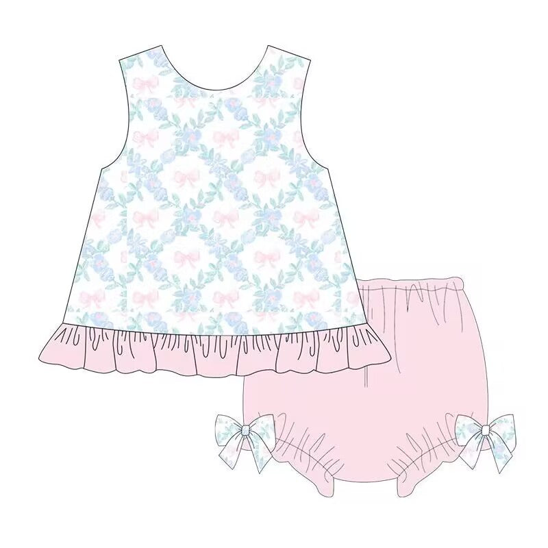 Summer bow sleeveless girls pink bummines sets custom moq 3 mix size eta 6-8weeks