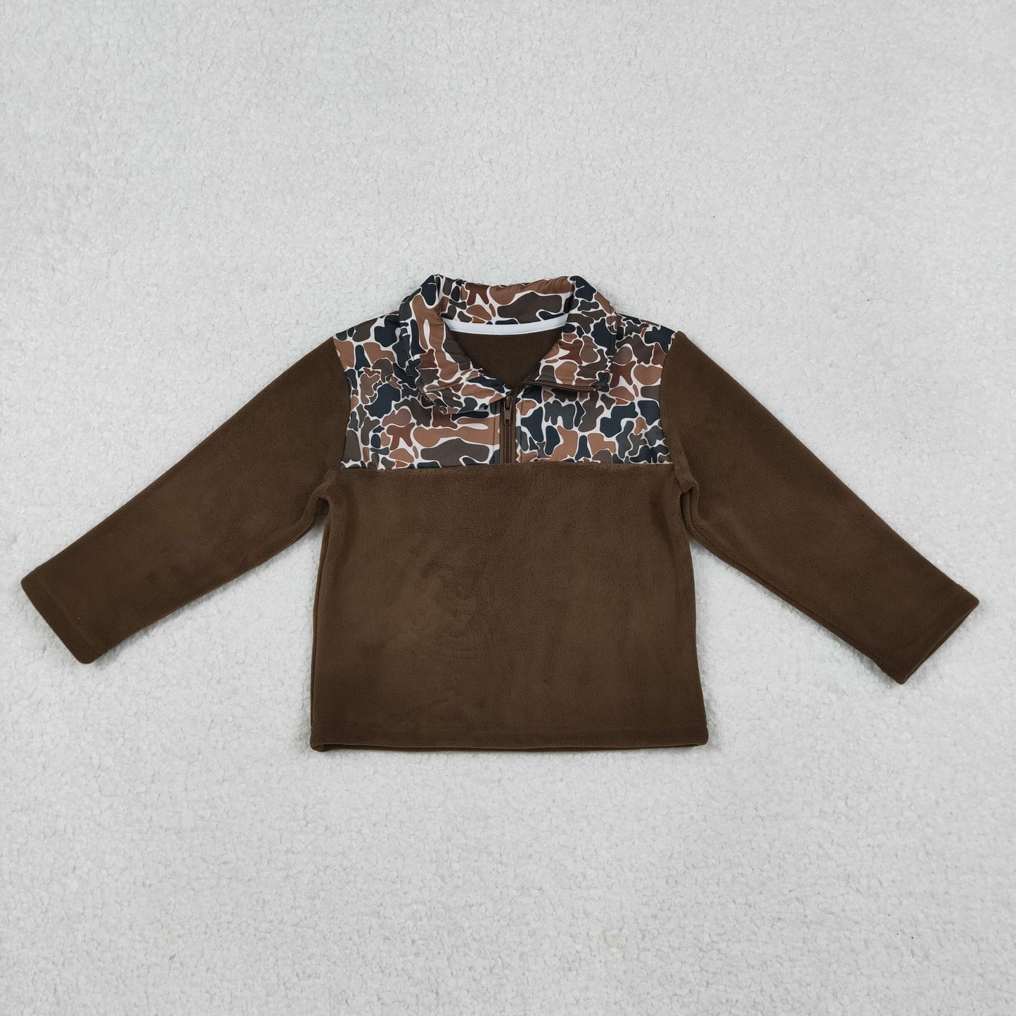 RTS NO MOQ（In Stock) fleece BT1309 Camo Brown Plush Zippered Long-Sleeved Top