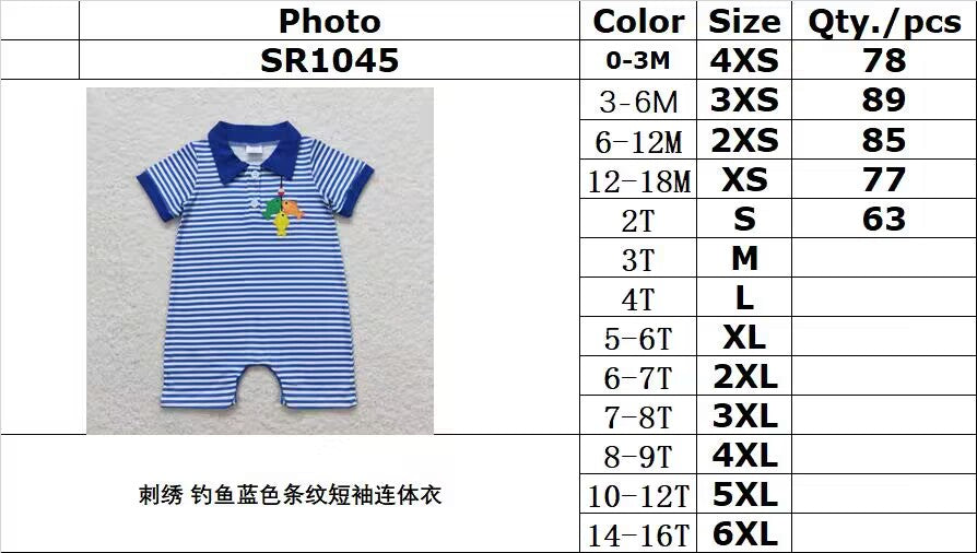 SR1045 Embroidered Fishing Blue Striped Short Sleeve Jumpsuit