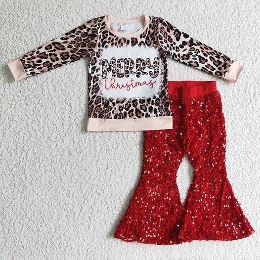 RTS NO MOQ ETA 5/7days Arrived MERRY CHRISTMAS Girls' long-sleeved top sequined trousers suit