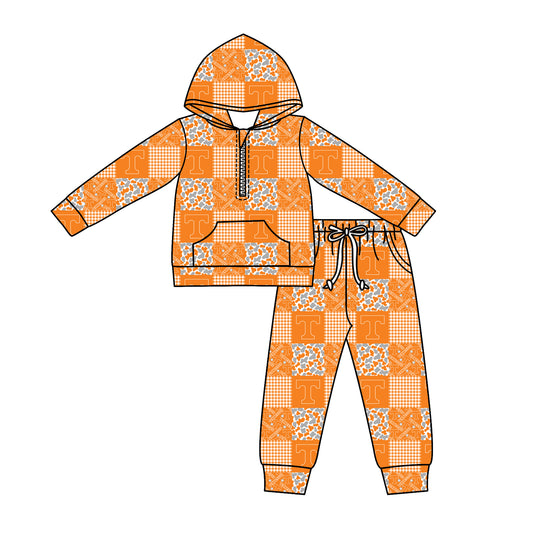 Custom moq 5 mix size milk silk summer teams baby boys clothes camouflage orange hooded long ssleeve pants sets-25.11.27