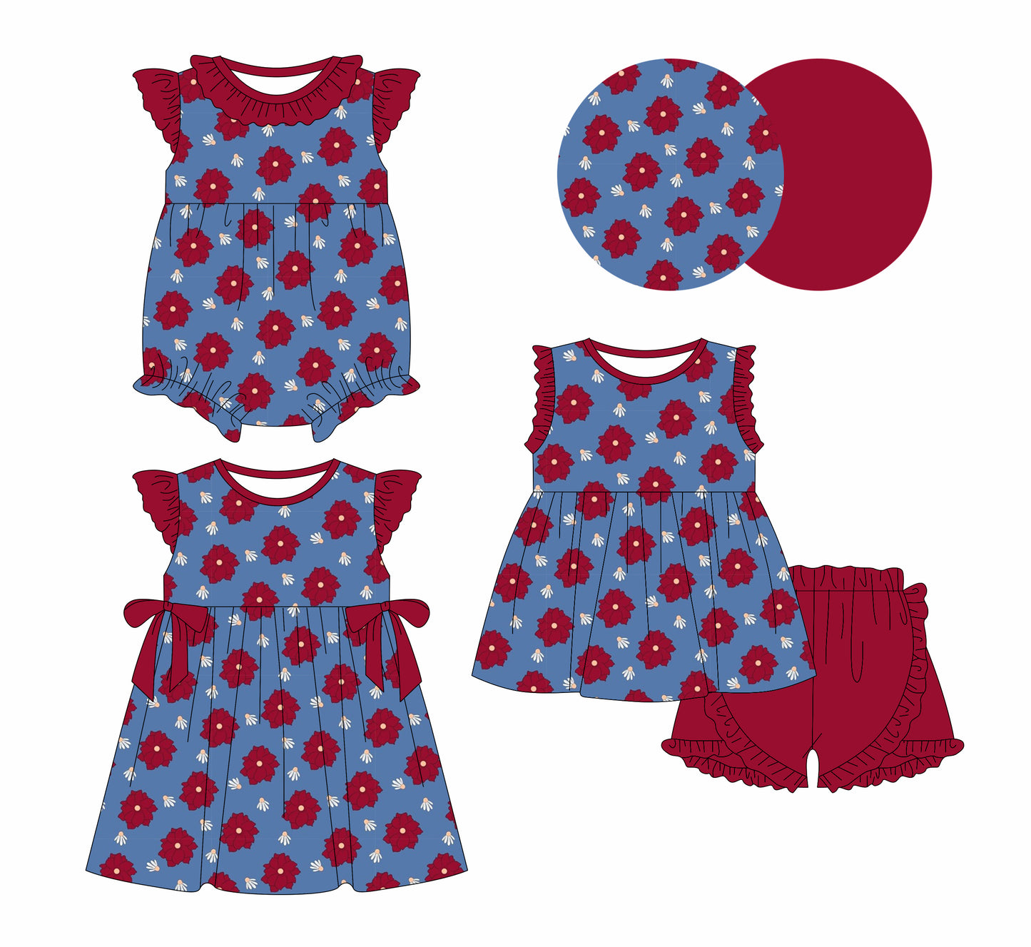 12.31 custom each style moq 5eta 4-6week Sibling Sistes floral baby girl short sleeve shorts sets and dress and rompers match family design