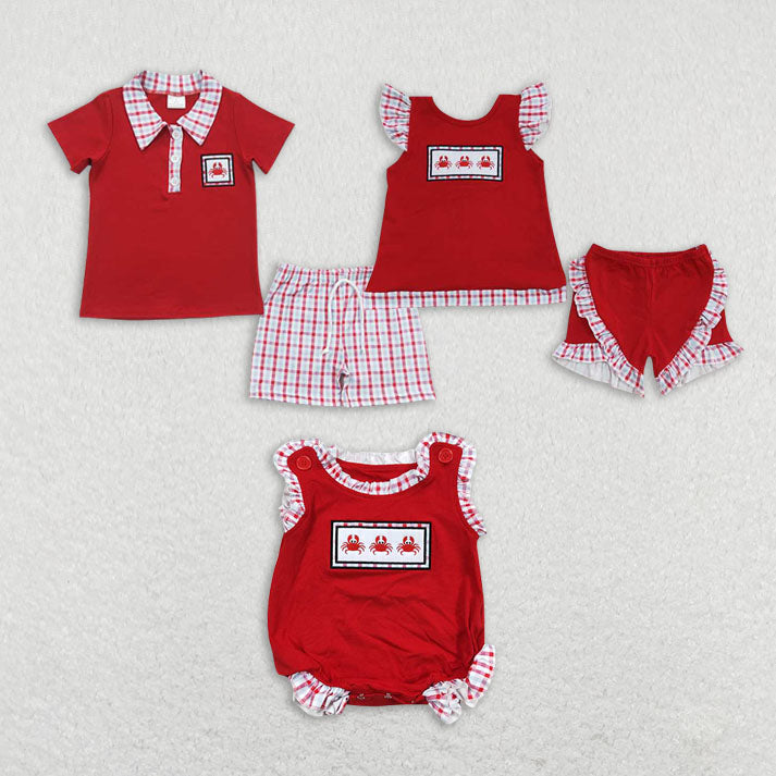 Baby Girls Crab prints red Sibling Rompers Clothes Sets