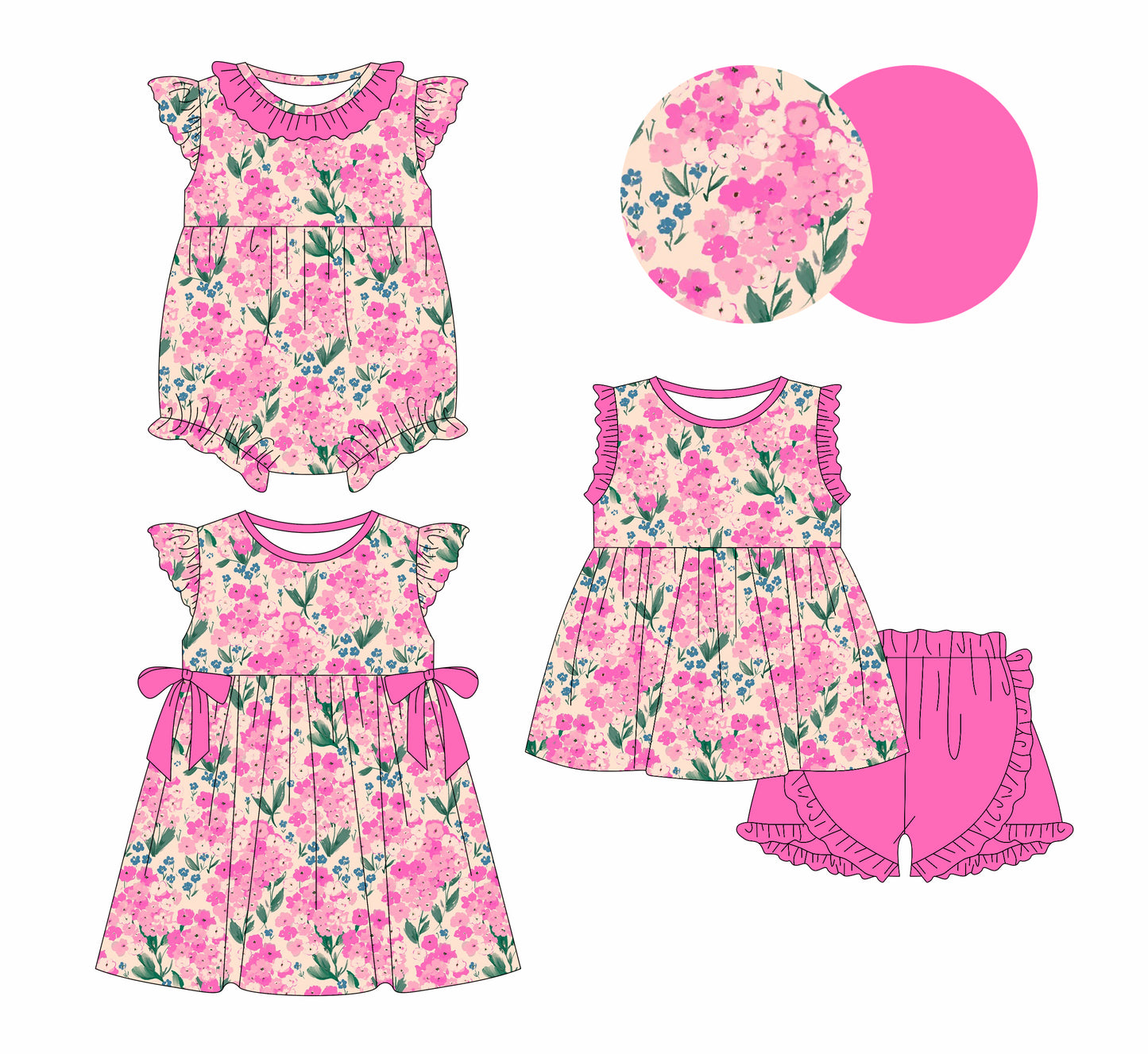 1.2 custom each style moq 5eta 4-6week Sibling Sistes floral baby girl short sleeve shorts sets and dress and rompers match family design