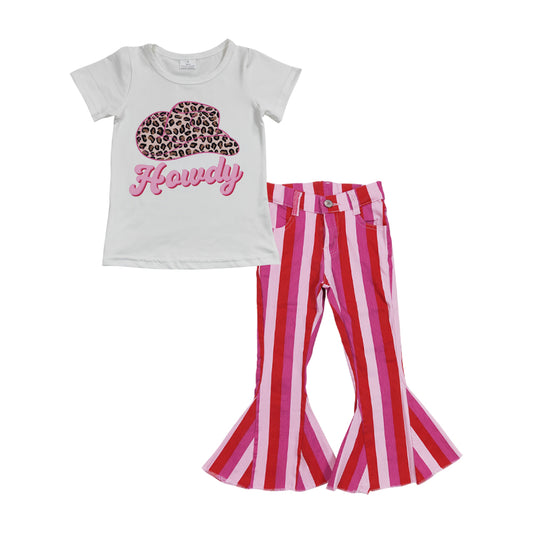 GT0138 Girls howdy leopard print hat white short sleeve top+P0043 Light pink, dark pink and bright red striped denim trousers