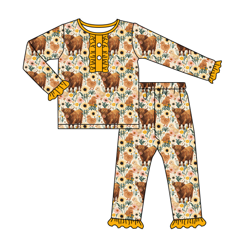 5.12custom each style moq 5eta 4-5week Sibling Sister cow flower prints yellow girls and boys outfits and baby romper and blanket match family design