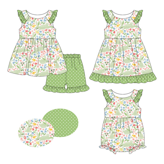 26.1.8 custom each style moq 5 eta 6-8week Sibling Sister easter floral baby short sleeve shorts sets and romper and dress match design