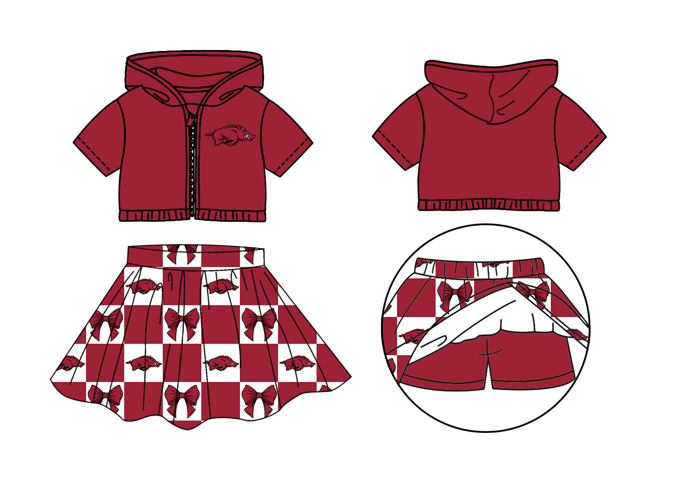 Custom moq 3 or 5 mix size milk silk summer teams baby girl clothes bow dark red zipper hooded short sleeve shorts skirts sets-26.1.17