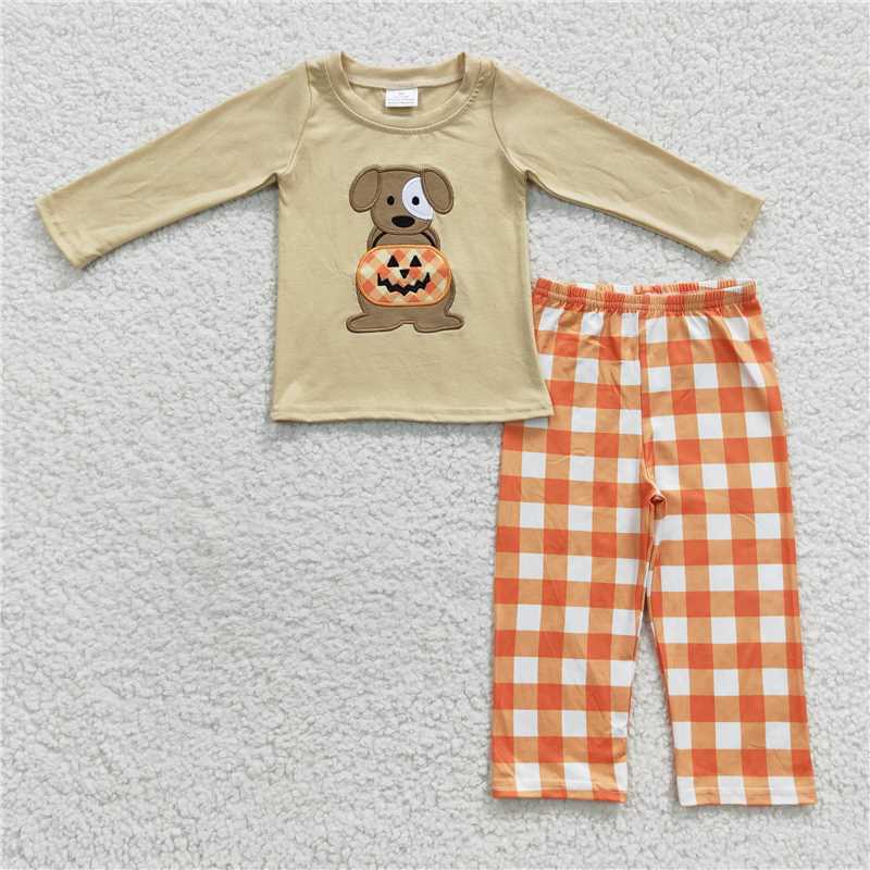 RTS Embroidered Embroidered Puppy Pumpkin Long Sleeve Pants Orange Pumpkin Embroidered Plaid Suit