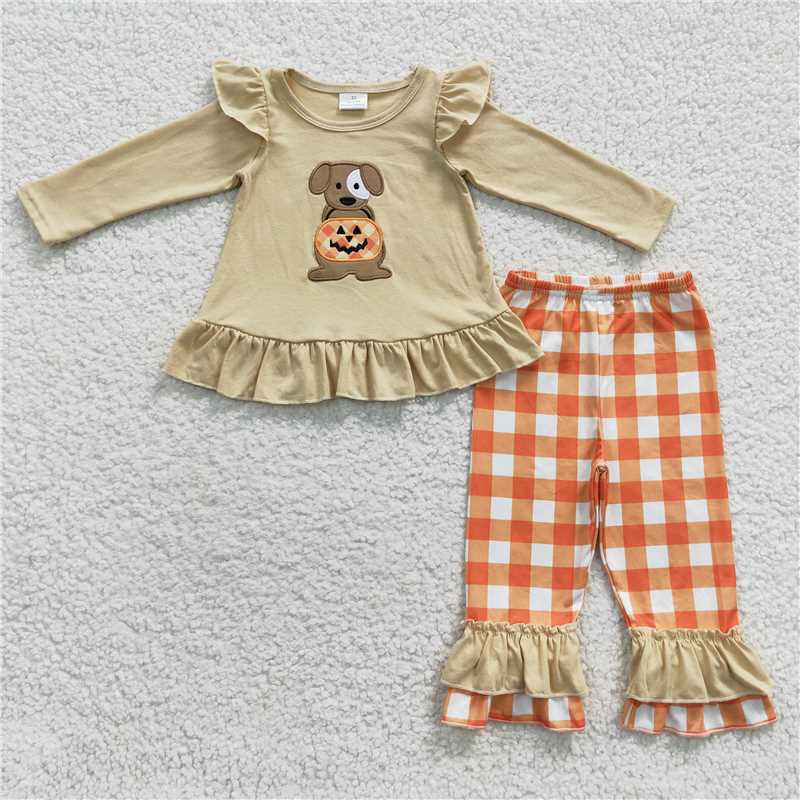 RTS Embroidered Embroidered Puppy Pumpkin Long Sleeve Pants Orange Pumpkin Embroidered Plaid Suit