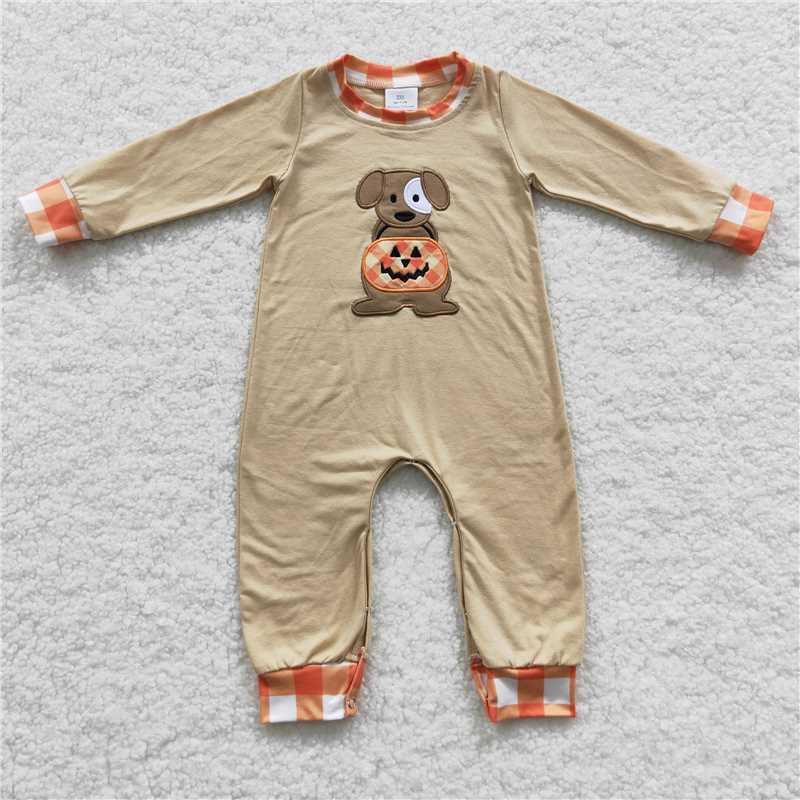 RTS Embroidered Embroidered Puppy Pumpkin Long Sleeve Pants Orange Pumpkin Embroidered Plaid Suit
