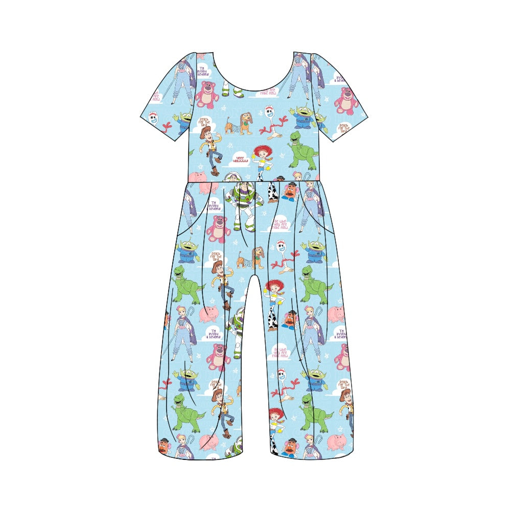 5.3custom each style moq 5eta 4-5week Sibling Sister cartoon character prints blue girls jumpsuits and boy short sleeves with long pants and baby romper match family design