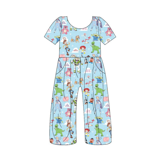 5.3custom each style moq 5eta 4-5week Sibling Sister cartoon character prints blue girls jumpsuits and boy short sleeves with long pants and baby romper match family design