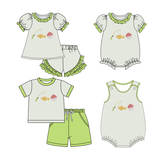 25.11.29 custom each style moq 5 eta 6-8week Sibling Sister fishing baby short sleeve shorts sets 2 and romper 2 match design