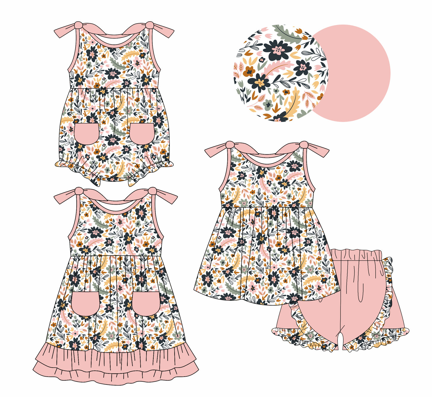 1.7 custom each style moq 5eta 4-6week Sibling Sister floral baby girl short sleeve shorts sets and dress and rompers match family design