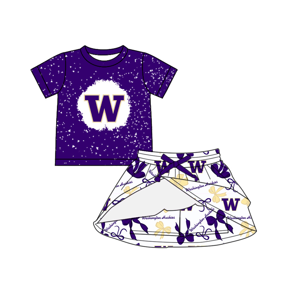 Custom moq 5 mix sizes summer teams baby girls clothes team purple short sleeve skirts shorts sets dress 1 and dress 2 and dress 3 and dress 4-25.5.26
