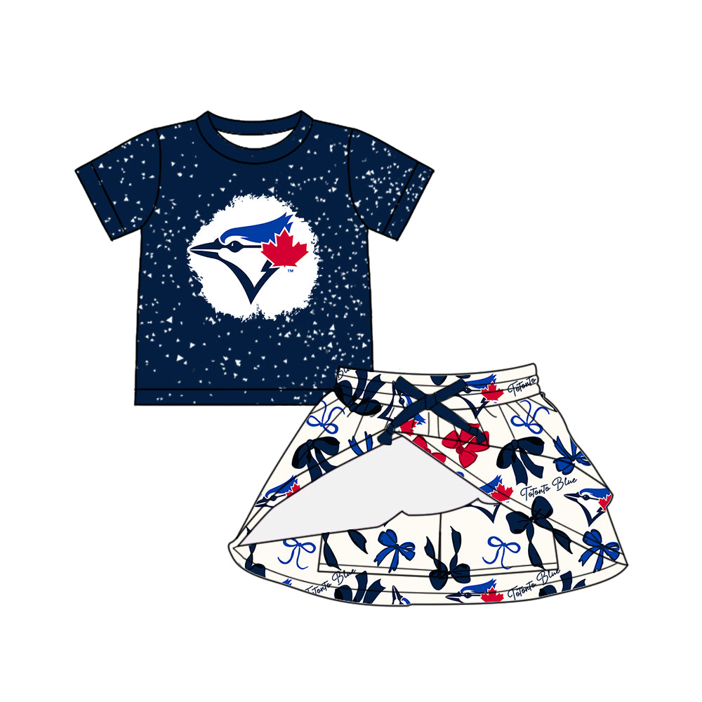 Custom moq 5 mix sizes summer teams baby girls clothes team blue short sleeve skirts shorts sets dress 1 and dress 2 and dress 3 and dress 4-25.5.19