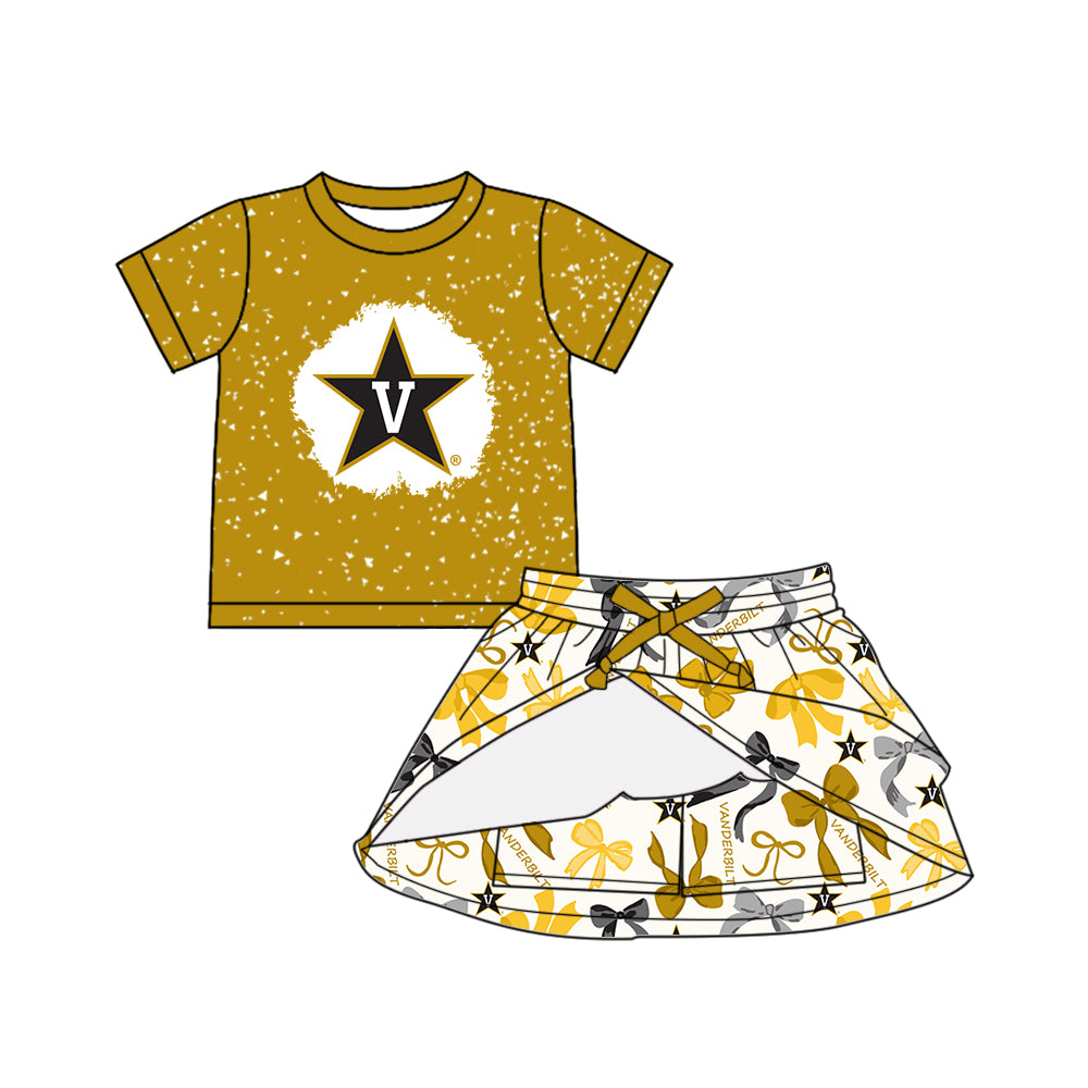 Custom moq 5 mix sizes summer teams baby girls clothes team yellow short sleeve skirts shorts sets dress 1 and dress 2 and dress 3 and dress 4-25.5.15