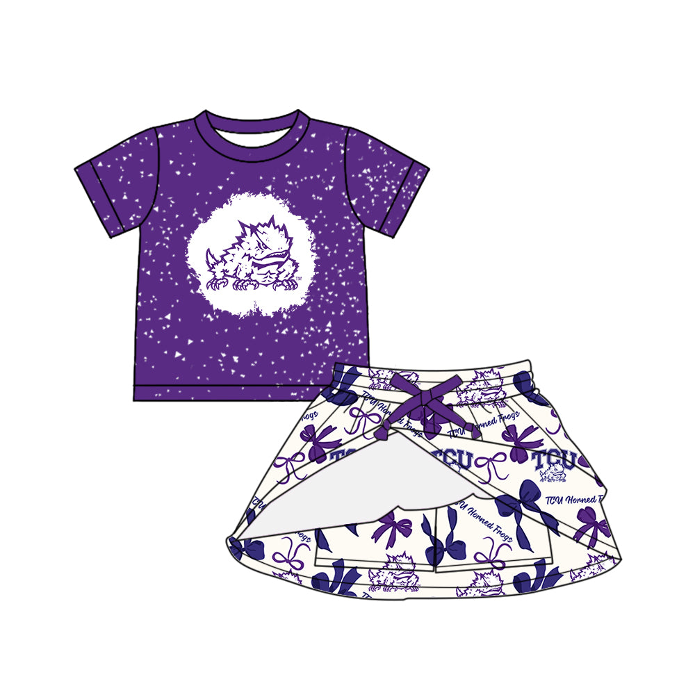 Custom moq 5 mix sizes summer teams baby girls clothes team purple short sleeve skirts shorts sets dress 1 and dress 2 and dress 3 and dress 4-25.5.23