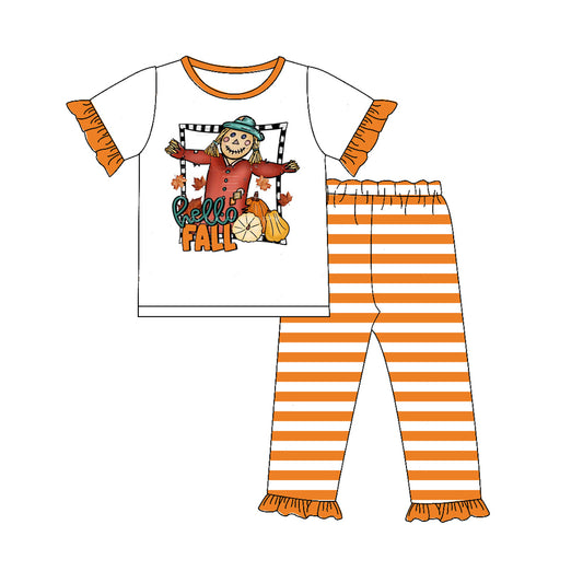 5.2custom each style moq 5eta 4-5week Sibling Sister scarecrow prints white top with orange-white long pants boys and girls set match family design