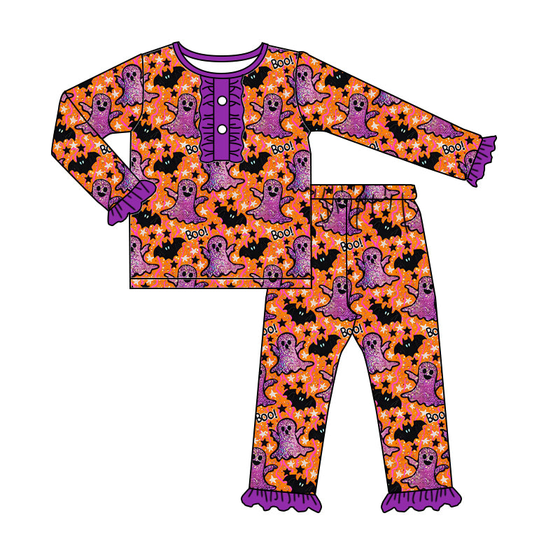 5.7custom each style moq 5eta 4-5week Sibling Sister Halloween ghost prints purple and orange girls and boys outfits and baby romper  match family design