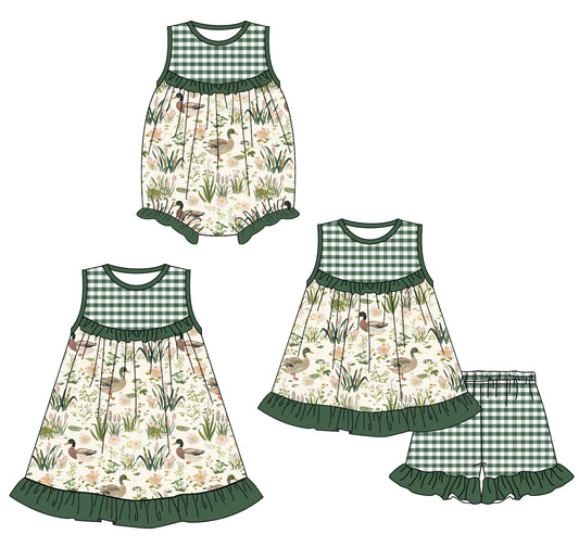 1.24 custom each style moq 5eta 4-6week Sibling Sisters duck baby girl short sleeve shorts sets and dress and rompers match family design