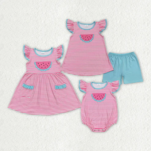 Baby Girls Pink Stripes Watermelon Summer Sibling Sister Clothes Sets