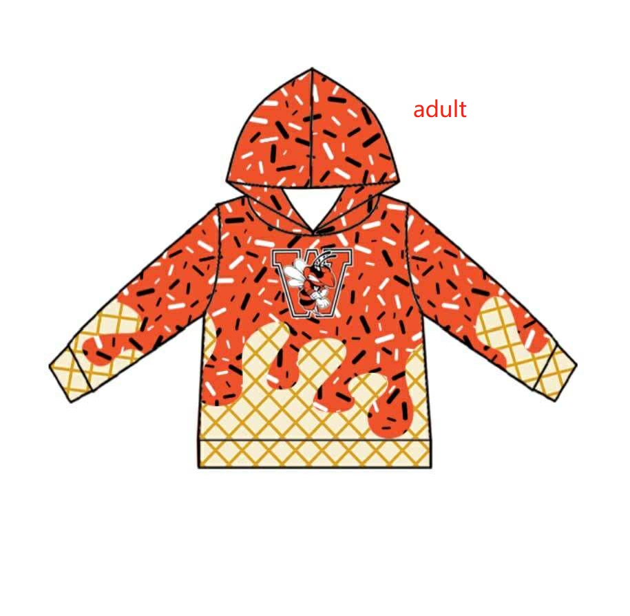 PRE ORDER Deadline August 1 custom no moq Children's boutique clothing Adult Tops shorts Sleeve Hooded Ice Cream Top Long Sleeve Orange Hooded Top