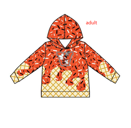 PRE ORDER Deadline August 1 custom no moq Children's boutique clothing Adult Tops shorts Sleeve Hooded Ice Cream Top Long Sleeve Orange Hooded Top