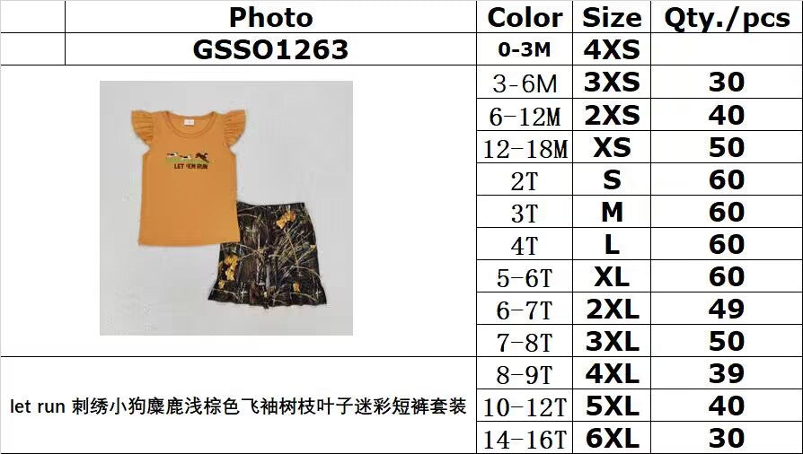 rts no moq GSSO1263 let run embroidered puppy elk light brown flying sleeves branches and leaves camouflage shorts suit