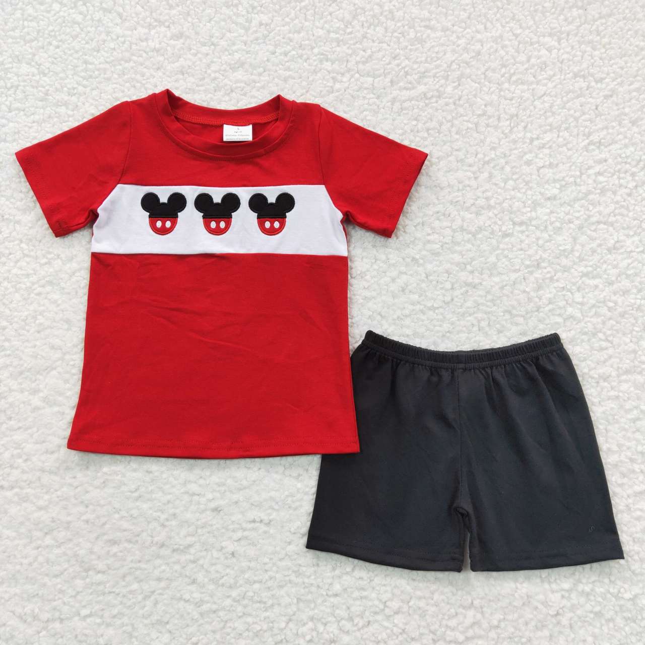 BSSO0092 Boys Embroidered Cartoon Red Short Sleeve Black Shorts Set