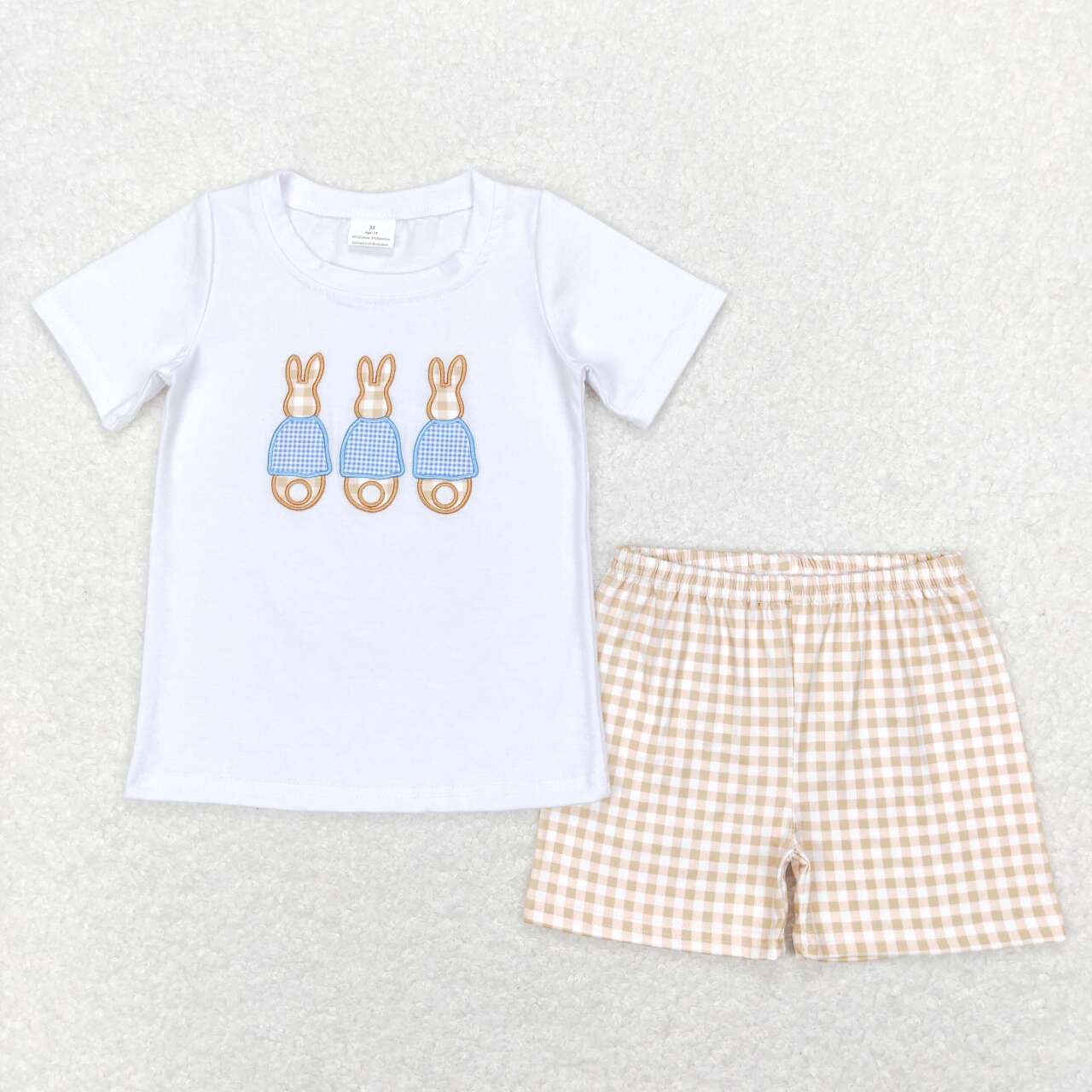 BSSO0383 Embroidered Three Rabbits Short Sleeve Plaid Shorts Set