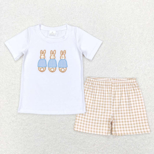 BSSO0383 Embroidered Three Rabbits Short Sleeve Plaid Shorts Set