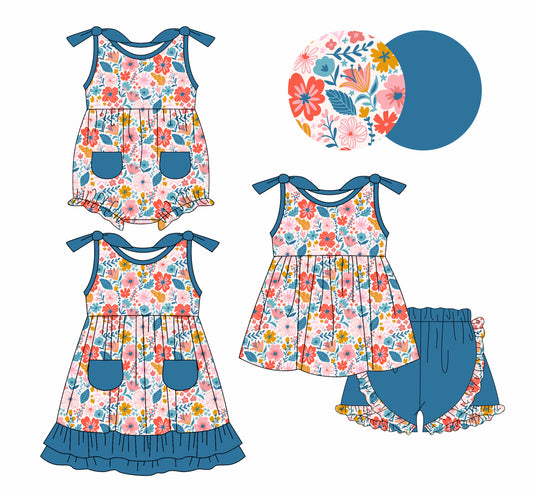 1.7 custom each style moq 5eta 4-6week Sibling Sister floral baby girl short sleeve shorts sets and dress and rompers match family design