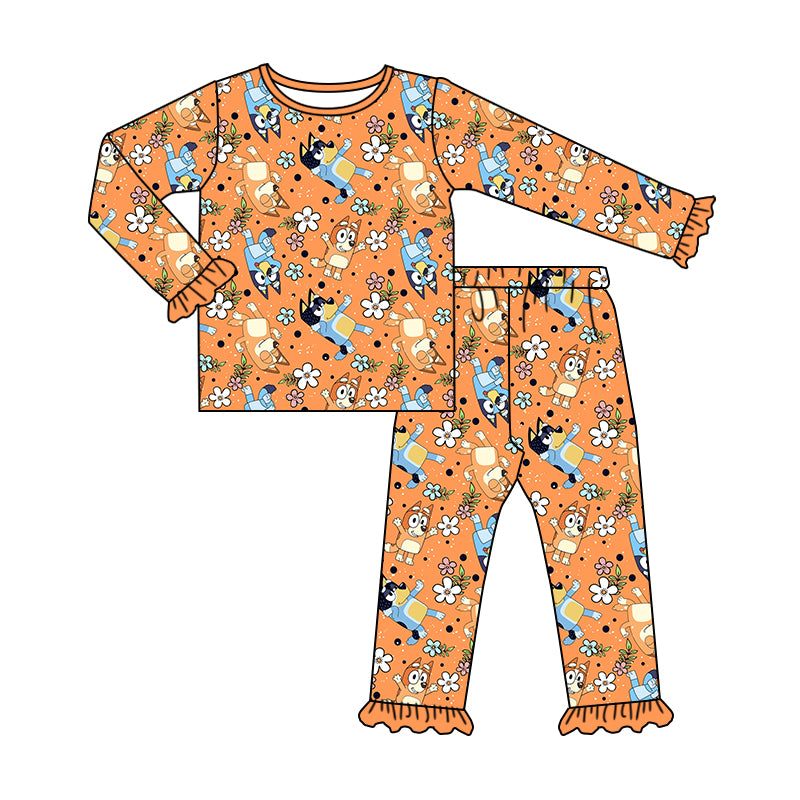 5.1（1）custom each style moq 5eta 4-5week Sibling Sister cartoon characters prints orange girls outfits and romper and set match family design