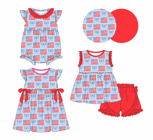 1.2 custom each style moq 5eta 4-6week Sibling Sistes flag bow baby girl short sleeve shorts sets and dress and rompers match family design