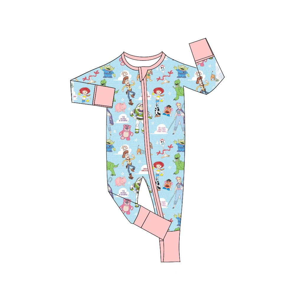 5.3custom each style moq 5eta 4-5week Sibling Sister cartoon character prints blue girls jumpsuits and boy short sleeves with long pants and baby romper match family design